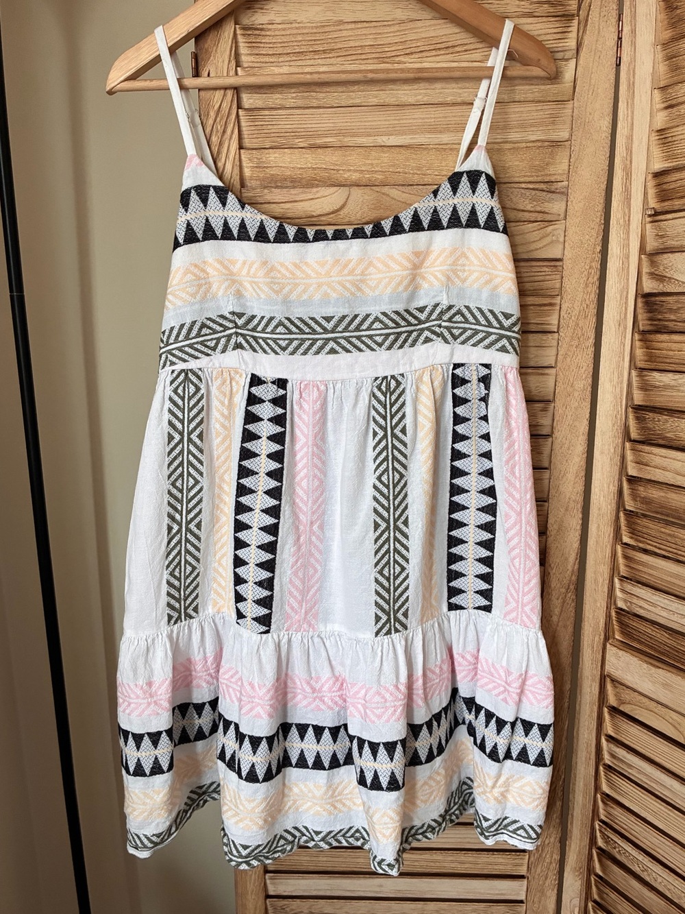 Mi Ami Tribal Geometric Print Cotton Mini Dress White Pink XL Boho Festival Fall